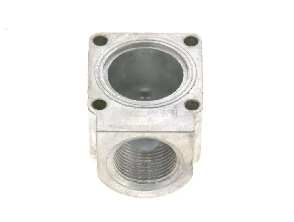 BOSCH Flansch aus Metall, rechteckige Form mit zwei Bohrungen an der Oberseite und einem Gewinde an der Unterseite für den Anschluss.